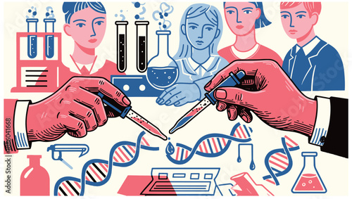 Scientists conducting genetic research with DNA helix and laboratory equipment