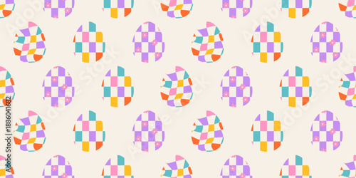 Seamless easter egg pattern with pastel patchwork squares, wavy stripes and tiny flowers on a light cream background. Spring holiday repeat for wrapping paper, textiles, and stationery.