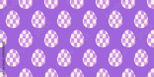 Seamless Easter pattern with gingham eggs and tiny flowers on a purple background. Spring holiday repeat for wrapping paper, textiles, invitations, and seasonal backgrounds. Great for stationery