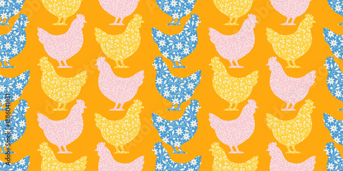 Seamless easter pattern with floral hens in pink, yellow and blue on warm orange background. Spring farmhouse vibe for textiles, wrapping paper, stationery and wallpaper. Festive holiday repeat set