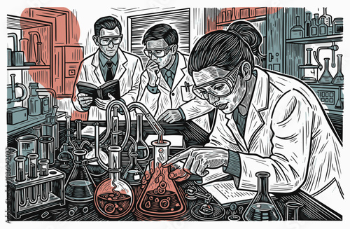 Scientists conducting experiments in a busy laboratory setting