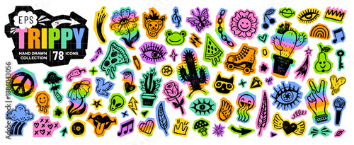 Doodle emo punk rock tattoo scrapbook set. Music 60s 70s psychedelic sticker. Rainbow fire, heart, eye, sun, torn. Groovy retro disco rock punk music bg by pen, marker. Cute doodle emo y2k collage art