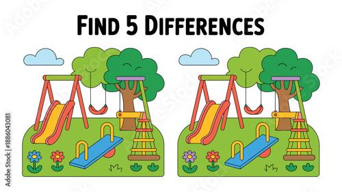 A colorful illustration of two playground scenes with the task to find 5 differences