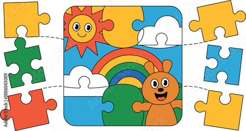 A colorful cartoon puzzle with a smiling sun, rainbow, and happy bear, surrounded by scattered puzzle pieces on a white background.