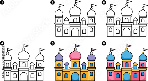A series of colorful illustrations showing the step-by-step process of coloring a beautiful cartoon castle.
