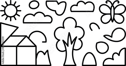 A simple black and white illustration of a house and tree under a sunny sky with clouds and a butterfly.