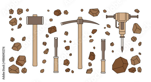 Essential Mining And Quarrying Tools Surrounded By Brown Stones And Gravel Creative Vector Art For