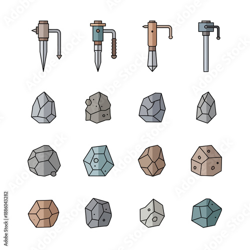 Essential Mining Tools And Natural Rock Formations Vector Collection For Exploration