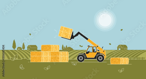 Farm Telehandler Moving Hay Bales In A Sunny Rural Landscape Vector Illustration