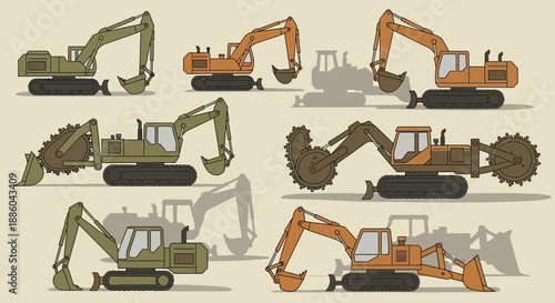 Heavy Construction Equipment Excavators Set Industrial Machines Earthmoving Vehicles Illustration