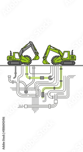 Excavators Engaged In Constructing And Maintaining Essential Urban Underground Utilities