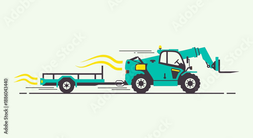 Fast Moving Industrial Telehandler With Towing Trailer Vector Graphic Design