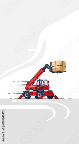 Fast Paced Delivery Service Illustration With A Red Telehandler Moving Boxes Quickly