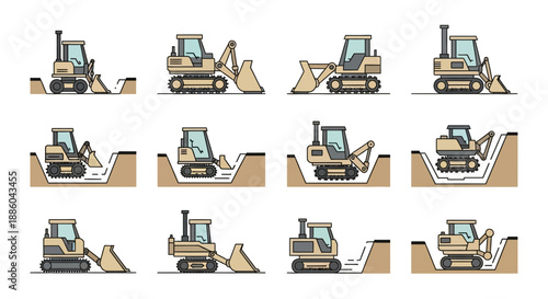 Heavy Construction Equipment Vector Icons Set For Building Projects And Earthwork
