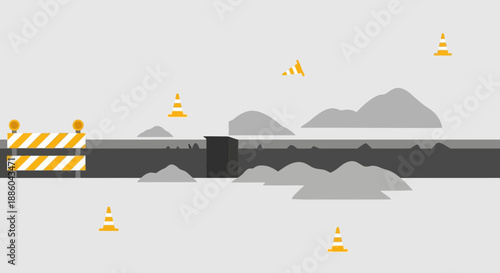 Flat Design Construction Site With Road Barriers And Safety Cones Minimalist Vector Illustration
