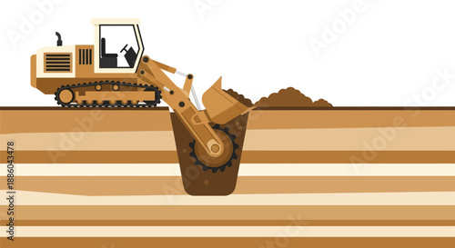 Heavy Construction Excavator Digging Earth In Layered Ground Vector Illustration