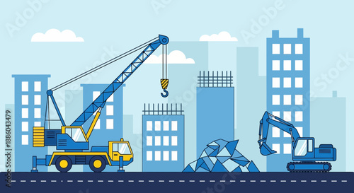 Flat Design Illustration Of City Construction Site With Crane And Excavator Building Process