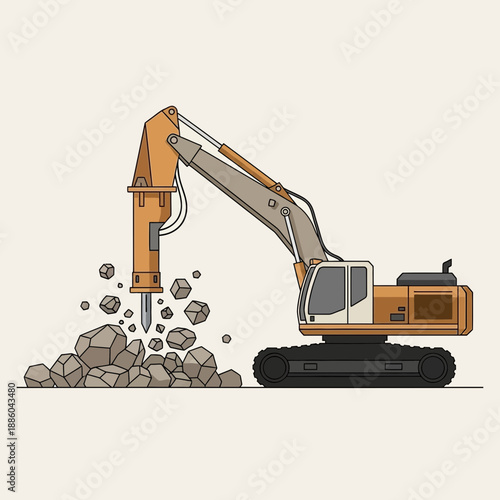 Heavy Construction Excavator Breaking Rocks Demolition Work Site Equipment