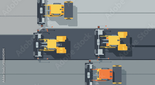 Flat Design Overhead View Of Essential Road Construction Equipment On Grey Asphalt Surface