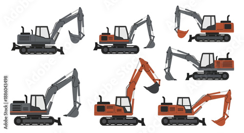 Heavy Construction Excavator Machinery And Industrial Digging Equipment Collection
