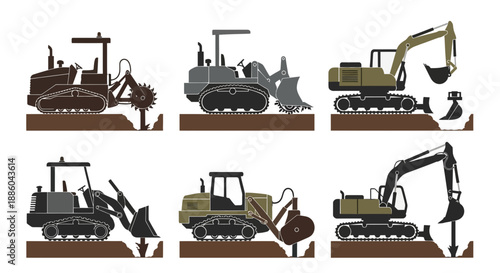 Heavy Construction Machinery And Earth Moving Equipment Vector Illustration Set