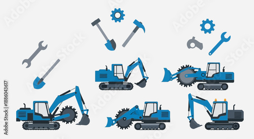 Heavy Construction Machinery And Tools Vector Illustration Set For Industrial Projects