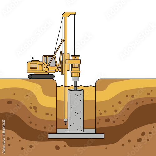 Heavy Construction Machine Installing Deep Foundation Concrete Piles Into Ground