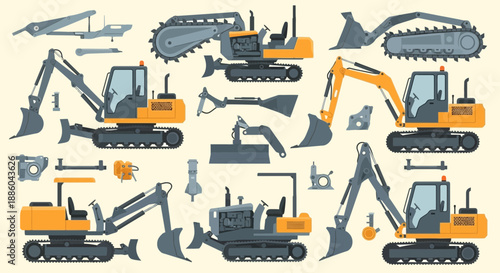 Heavy Construction Machinery And Parts Vector Illustration Set For Industrial Projects
