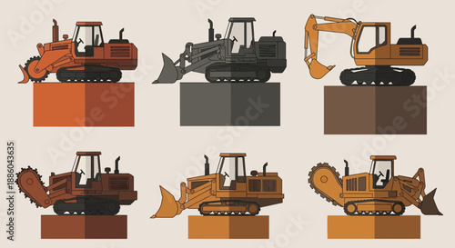 Heavy Construction Machinery Collection Flat Design Industrial Vehicles Set Isolated