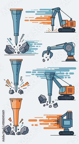 Heavy Construction Machinery Demolishing Rocks And Concrete Minimalist Vector Illustration Set