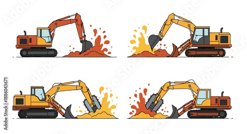Heavy Construction Machinery Engaged In Dynamic Earthwork And Digging Operations