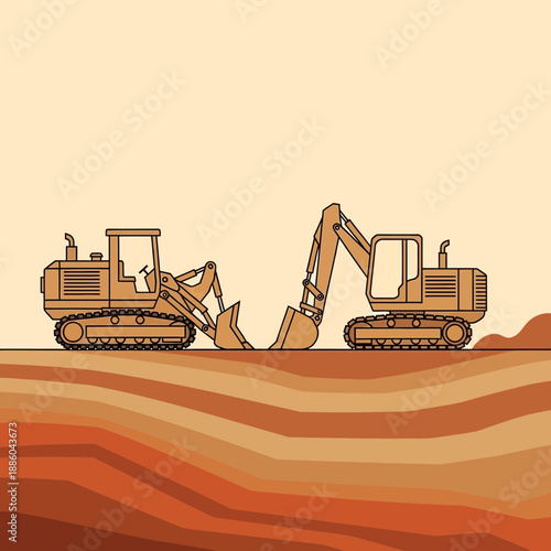Heavy Construction Machinery Engaged In Earthmoving Operations Vector Art Minimalist Style