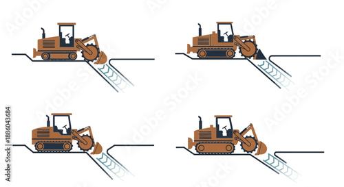 Heavy Construction Machinery Excavating A Trench Vector Illustration Of Earthmoving Process