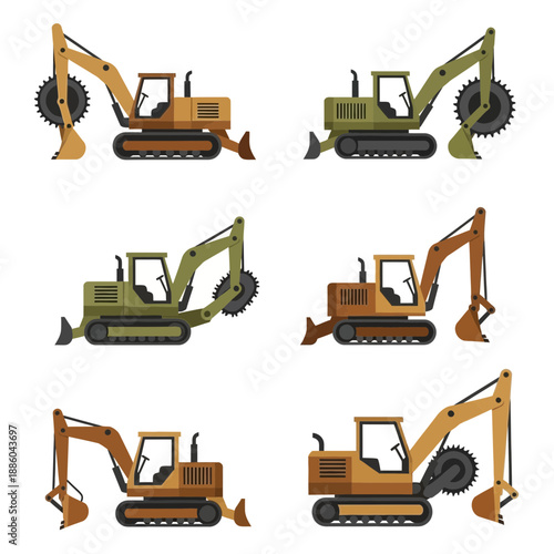 Heavy Construction Machinery Excavator Vector Set Illustration Collection On White Background