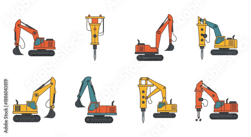 Heavy Construction Machines Collection Of Excavators And Hydraulic Breakers For Building Sites
