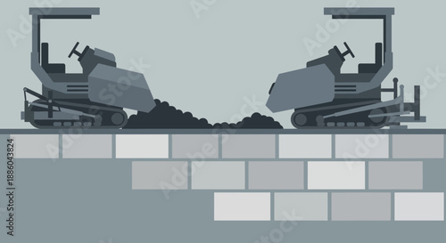 Heavy Construction Machines Laying Down Pavement Material For Road Building Site