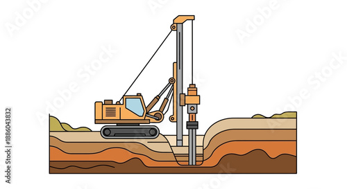 Heavy Construction Pile Driver Drilling Into Earth Layers For Foundation Work