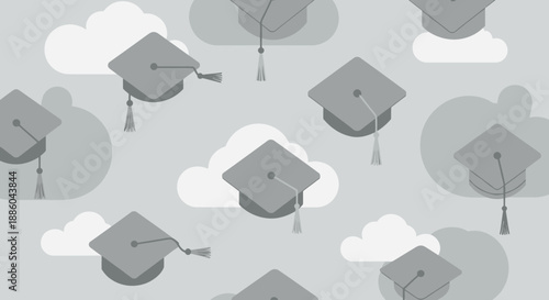 Graduation Cap Pattern With Clouds Educational Journey Success Background