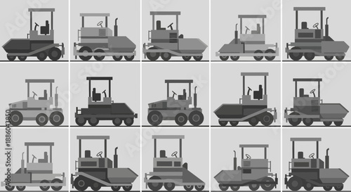 Grayscale Construction Road Rollers Flat Vector Illustrations Collection For Infrastructure