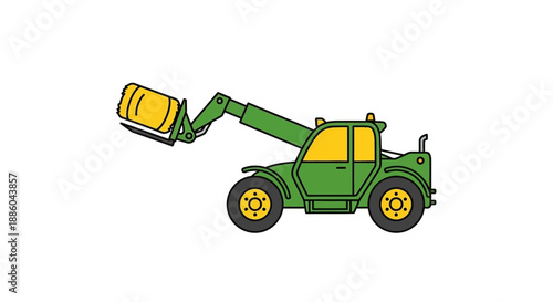 Green Agricultural Telehandler Lifting Hay Bale Vector Illustration Farm Equipment