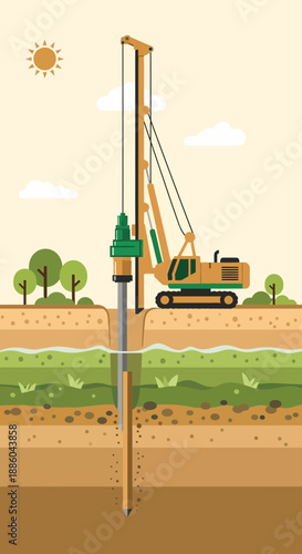 Heavy Construction Piling Rig Drilling Deep Foundation Hole Into Earth Layers