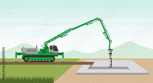 Green Concrete Pump Truck Pouring Foundation At Construction Site During Day