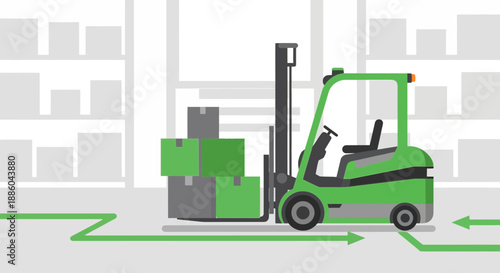 Green Forklift Moving Boxes In Modern Warehouse Logistics And Supply Chain Management Flat