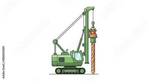 Green Industrial Pile Driver Machine On White Background Illustration Isolated