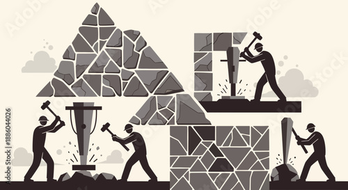 Hardworking Individuals Collaborating To Build Robust Stone Formations Illustrating Development