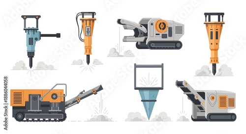 Heavy Construction And Demolition Equipment Flat Vector Set Of Industrial Tools