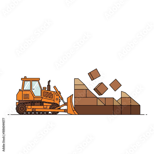 Heavy Duty Bulldozer Demolishing Brick Wall Illustration On Construction Site
