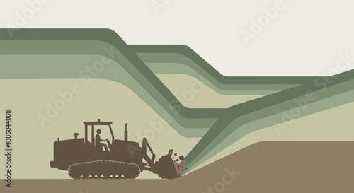 Heavy Duty Bulldozer Engaged In Landscaping And Construction With Abstract Terrain