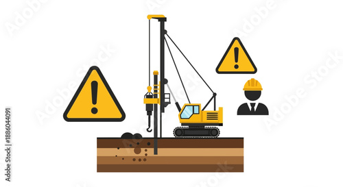 Heavy Construction Drilling Operations Illustration With Important Safety Warning Signs For