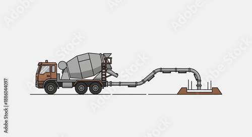 Heavy Duty Concrete Mixer Truck Delivering Liquid Cement To Building Site Foundation With Pumping